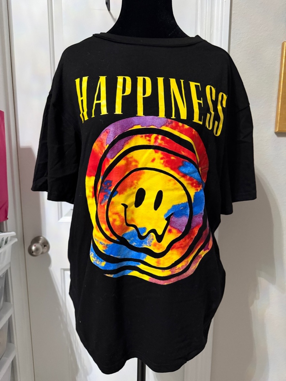 Happiness Black Graphic Oversized Tee with Tie-Dye Smiley